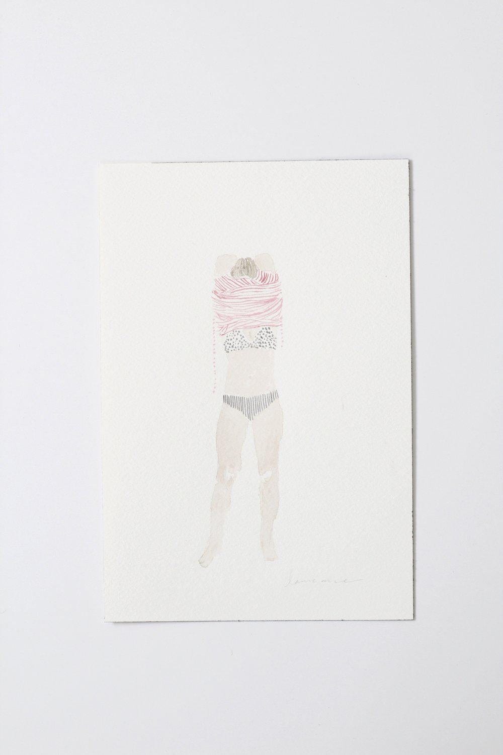 Watercolor painting of a figure taking off a pink shirt.