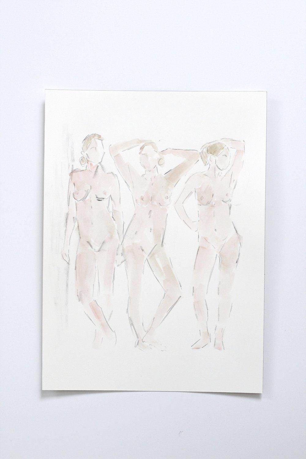 Watercolor painting of three nude figures.