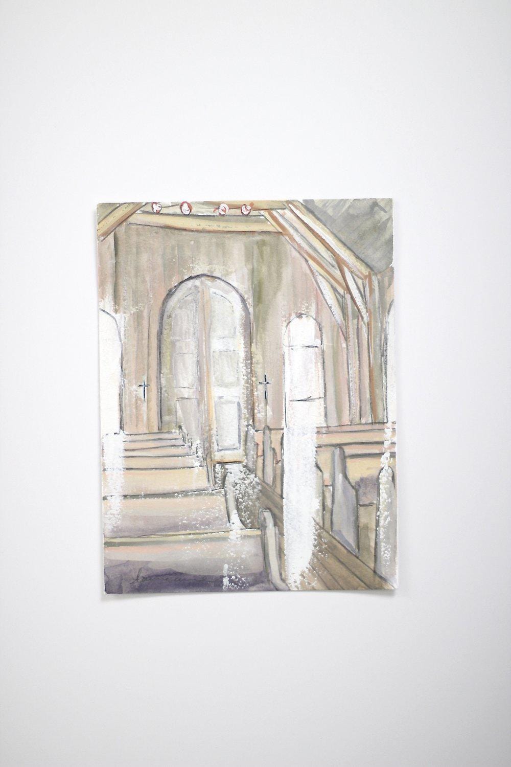 Watercolor painting of church interior