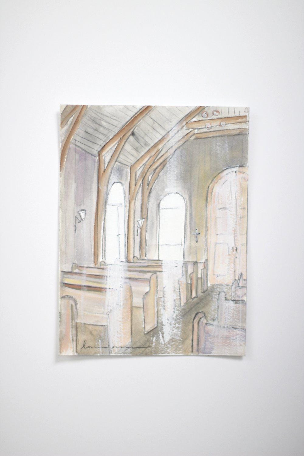 Watercolor painting of church interior