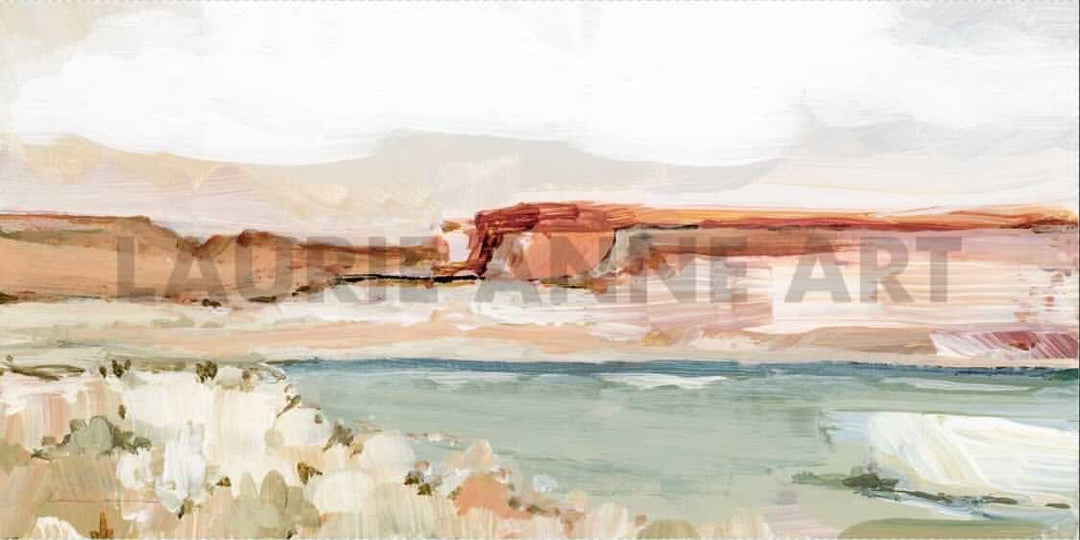 Abstract landscape painting with river and mountains
