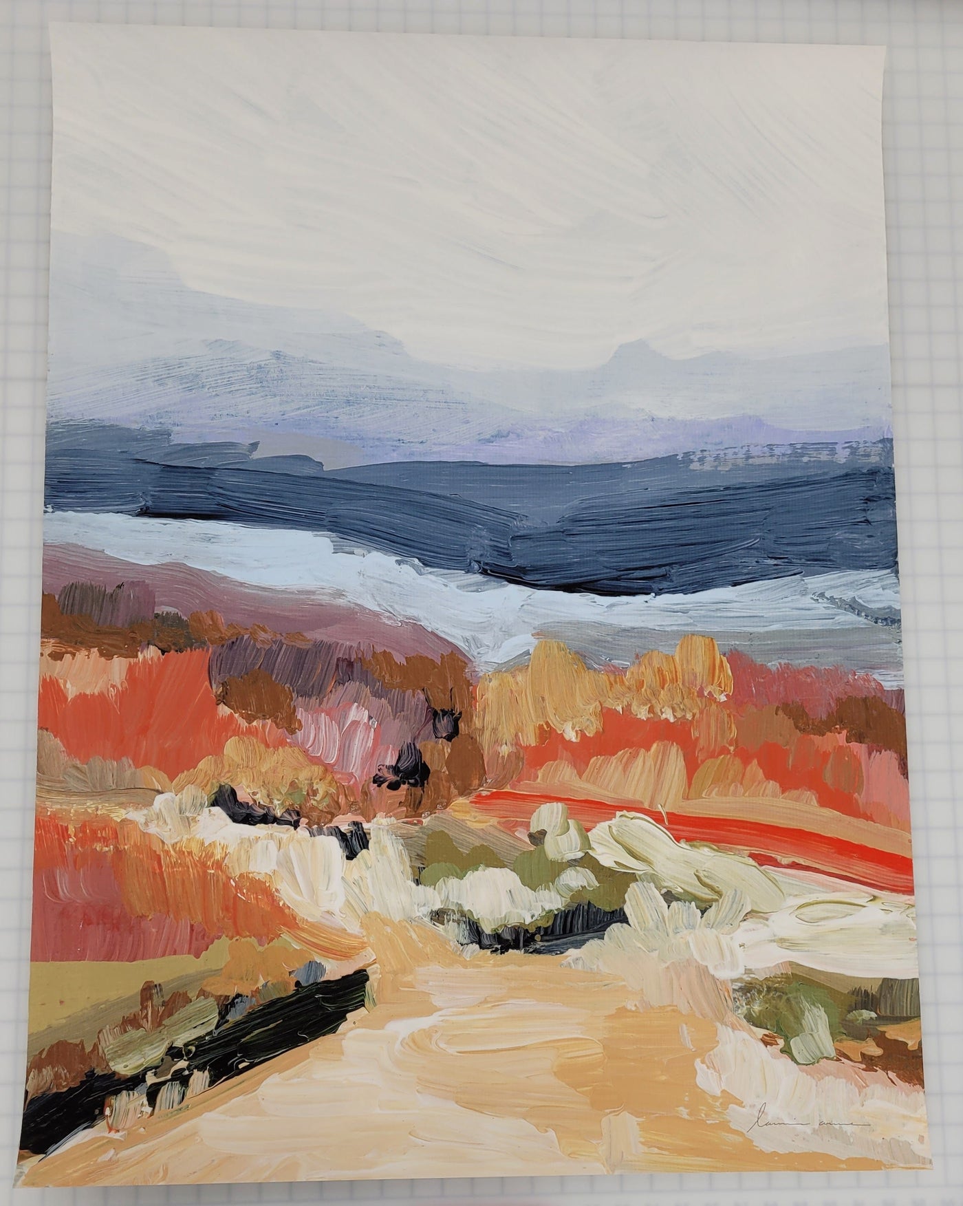 Abstract landscape painting of hills and sky.