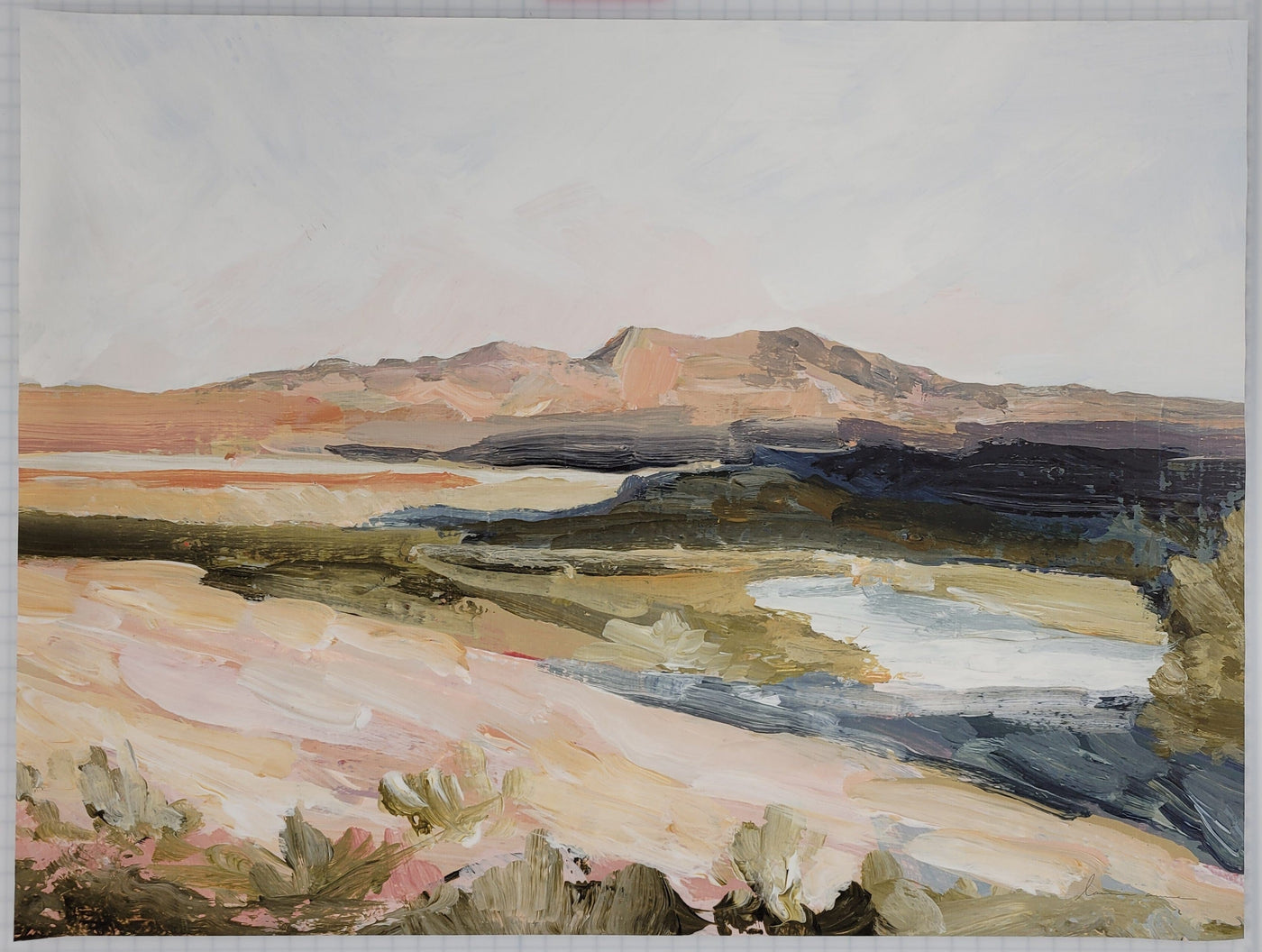 Landscape painting of a mountain and brushy terrain.