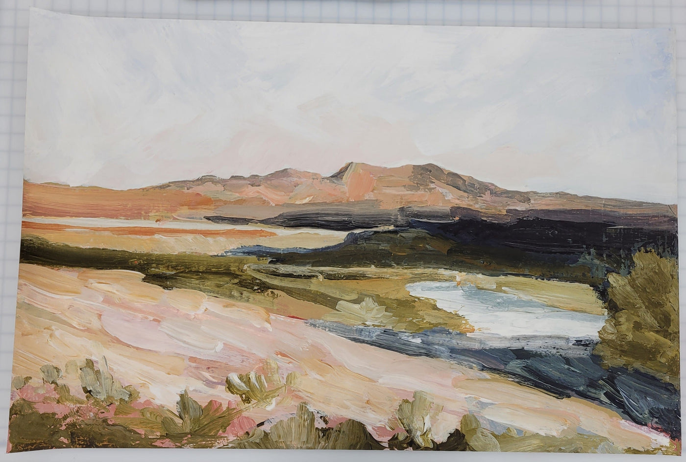 Painting of a landscape with mountains and a body of water.