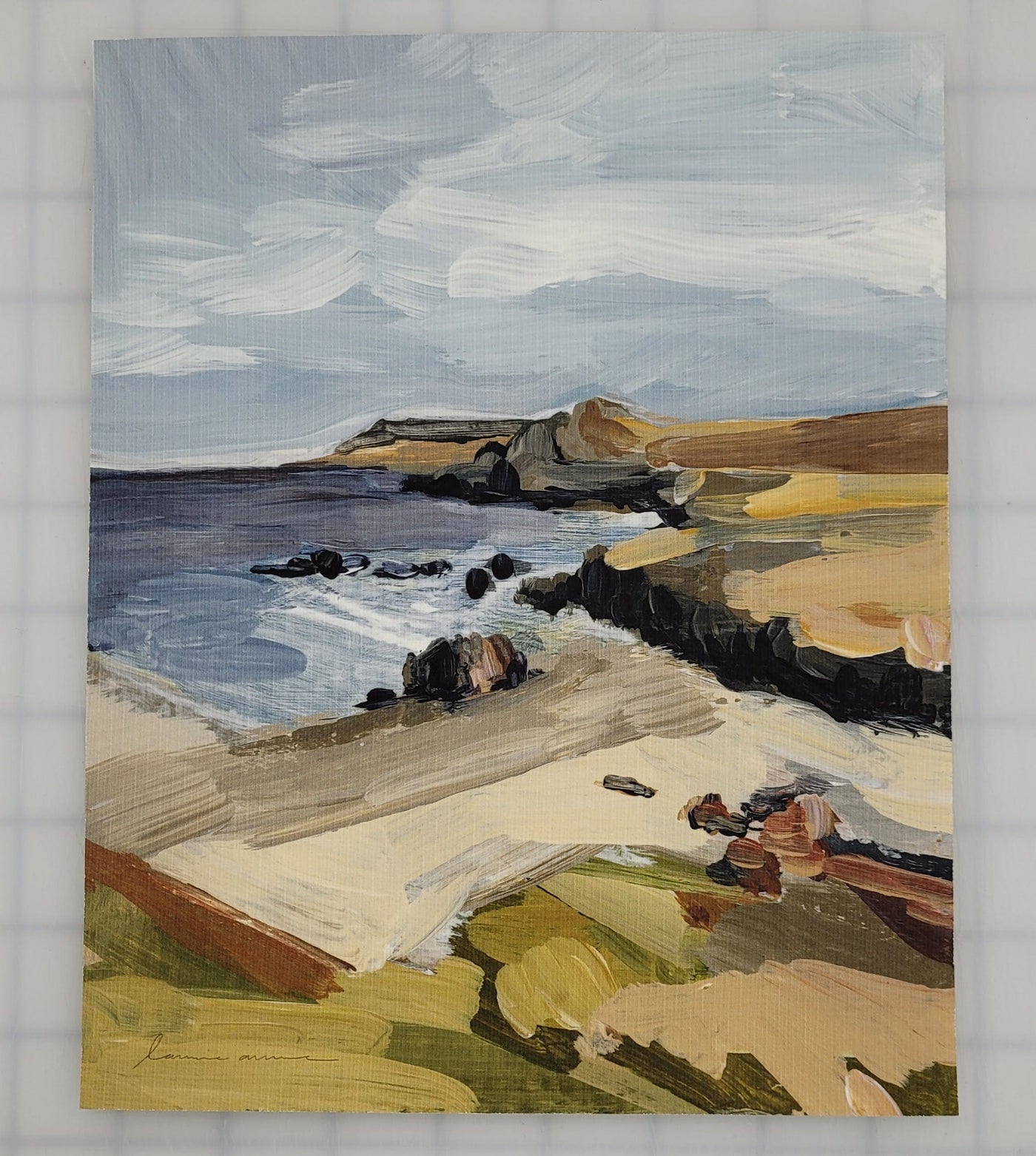 Coastal landscape painting with ocean, rocks, and cliffs.