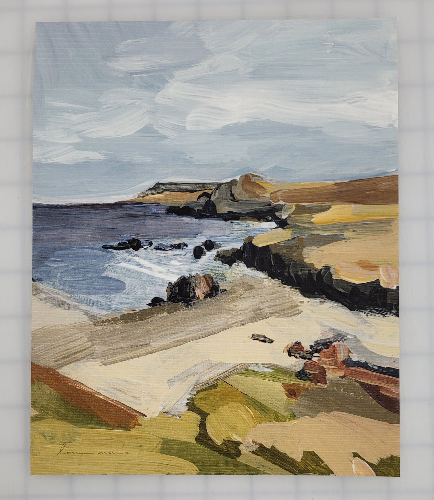 Coastal landscape painting with beach and ocean.