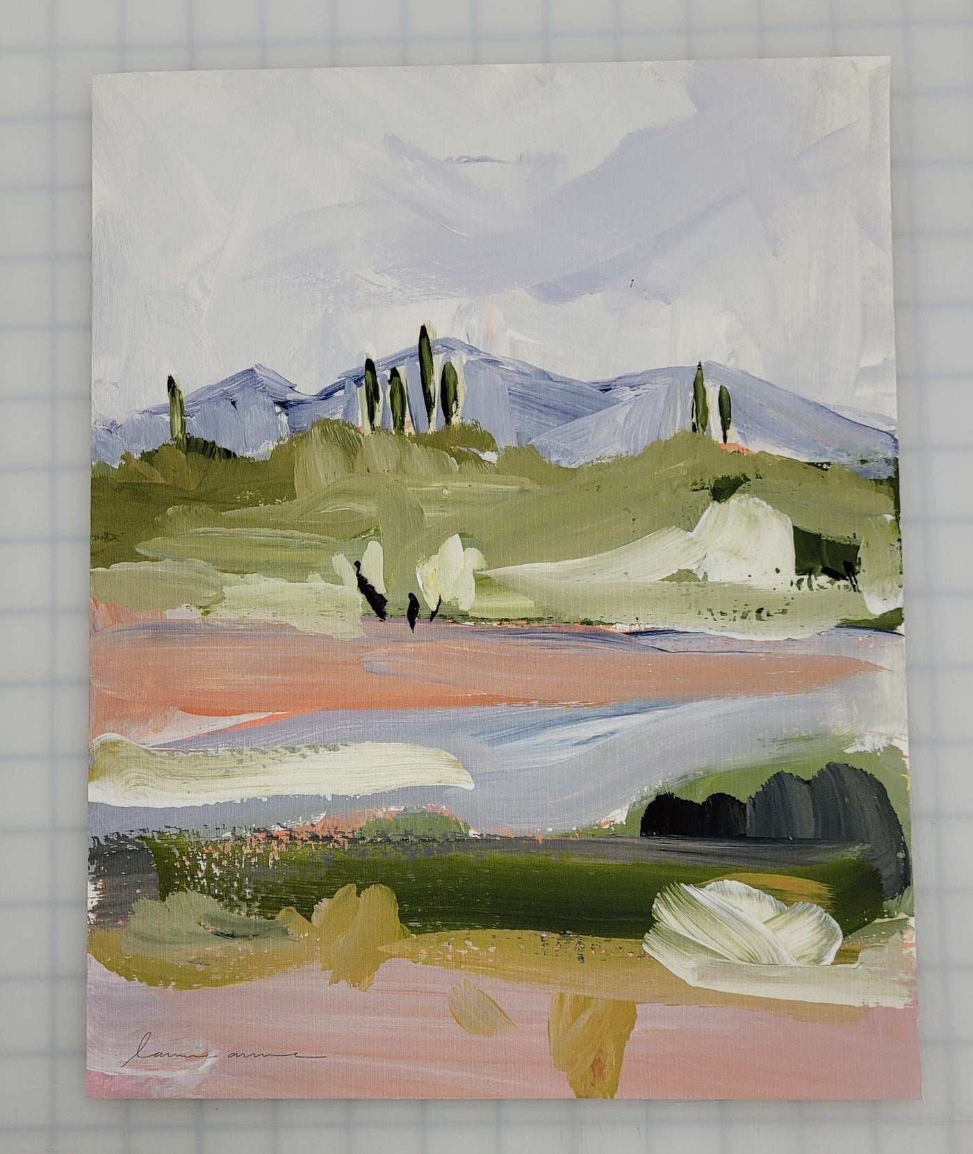 Painting of a landscape with hills and trees.