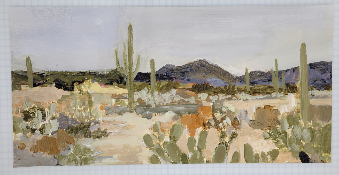 Desert landscape painting with cacti and mountains.