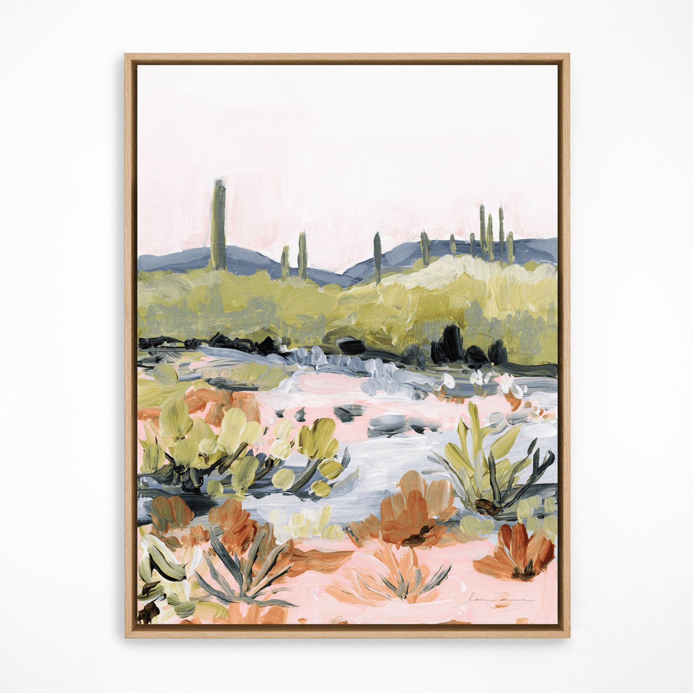 Bright desert landscape painting in natural frame