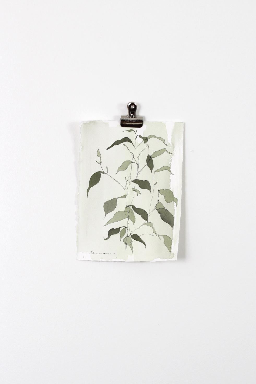 "Green Blind Contour Botanical 1" Watercolor Painting 5.5x7.5