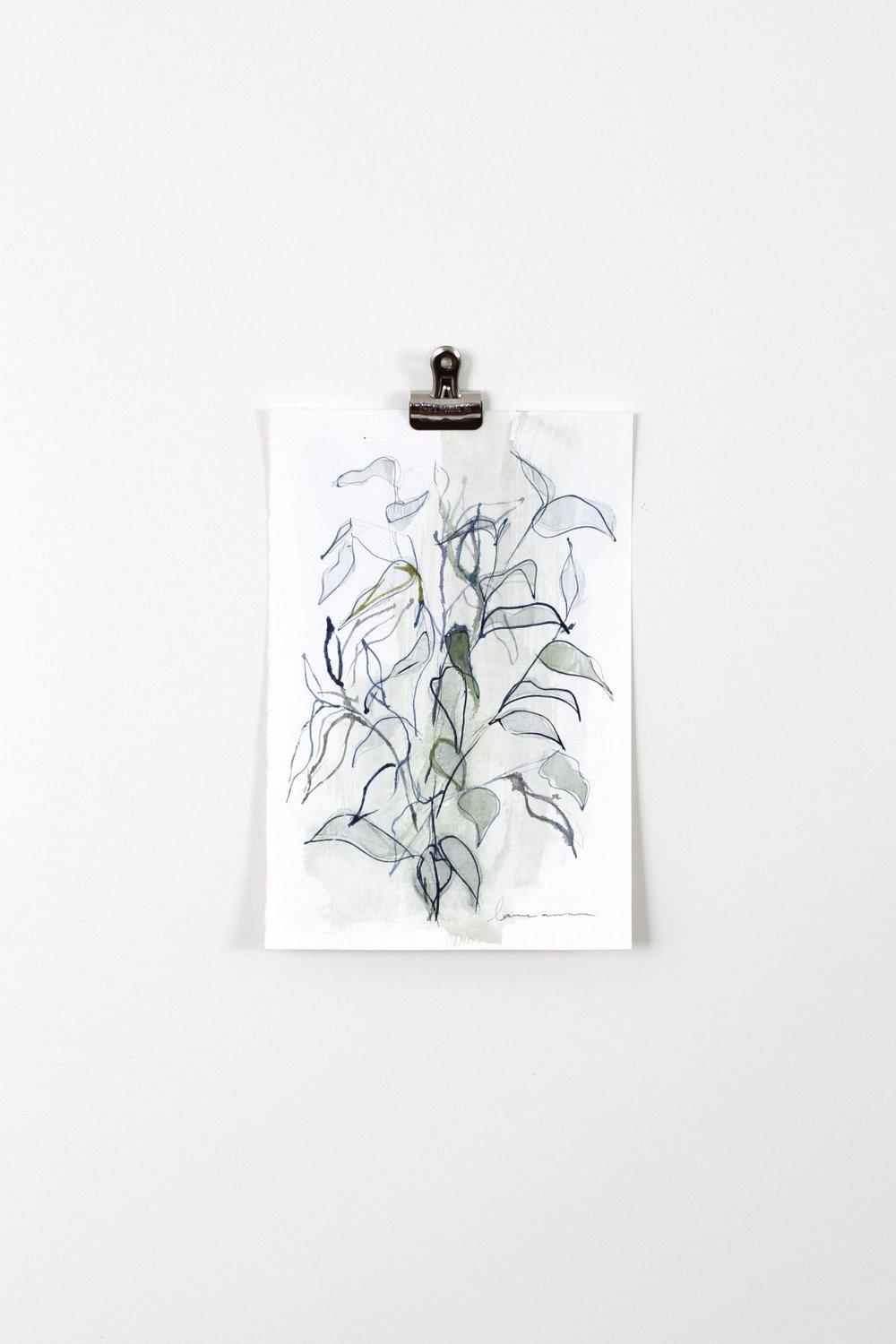"Green and Blue Blind Contour Botanical" Watercolor Painting 6x9